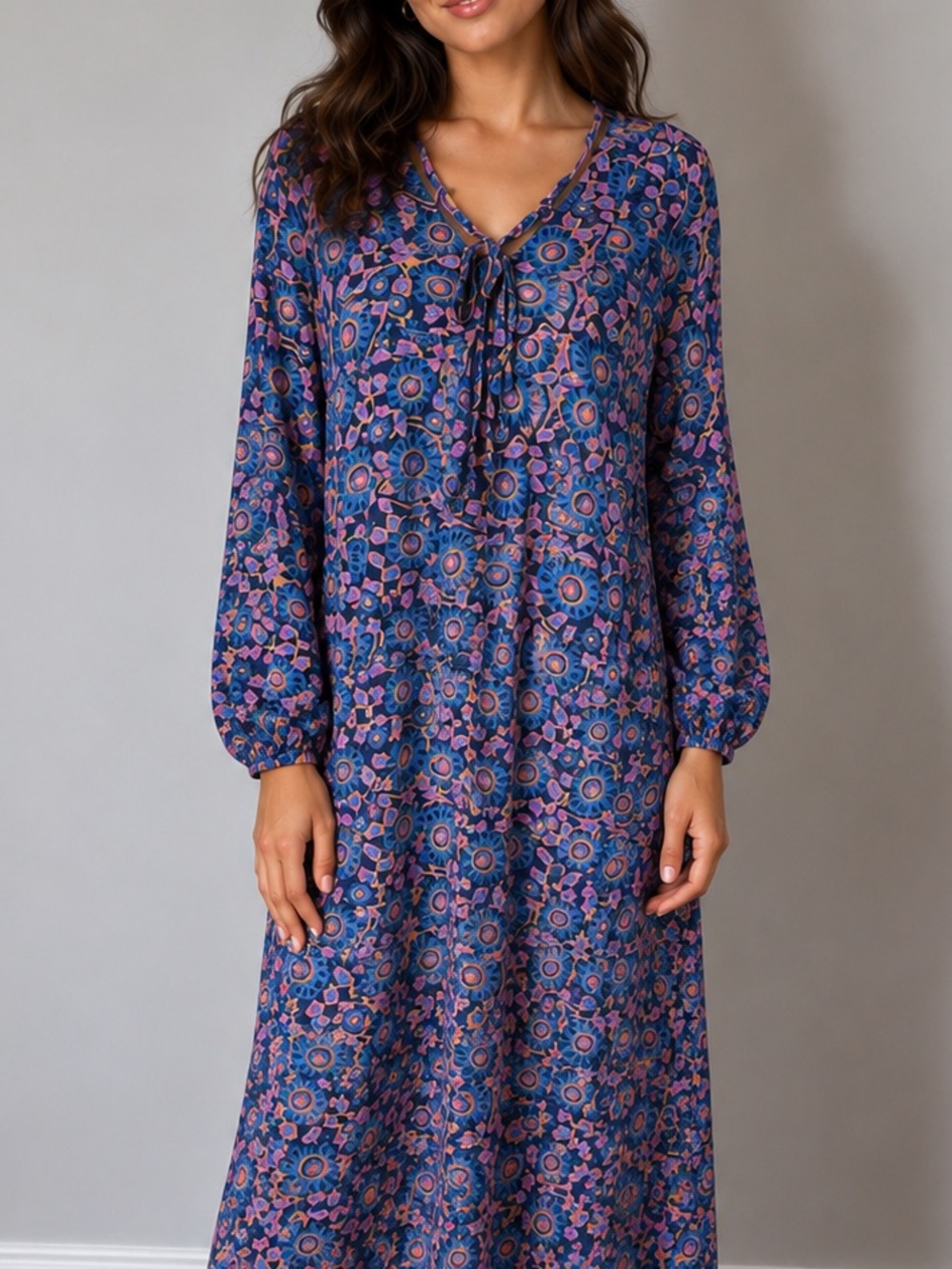 Natural Life Sz S Purple Floral Tie V Neck Boho Cottagecore Spring Midi Dress
